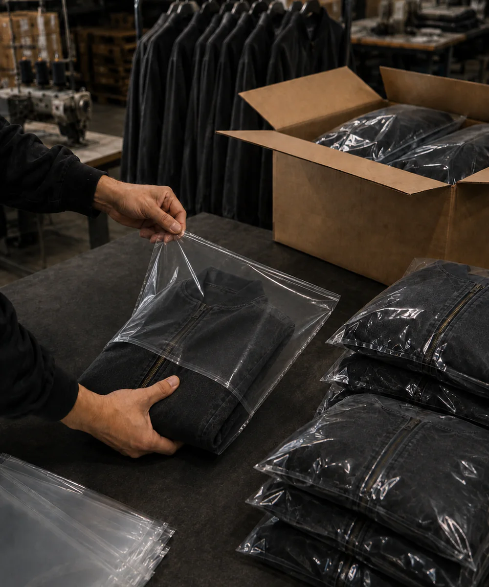 Worker placing a folded garment into an individual transparent packaging bag