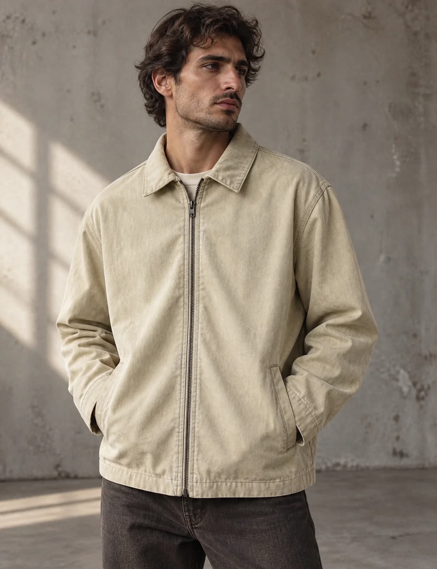 Male model wearing a beige washed zip-front coach jacket with a small chest emblem