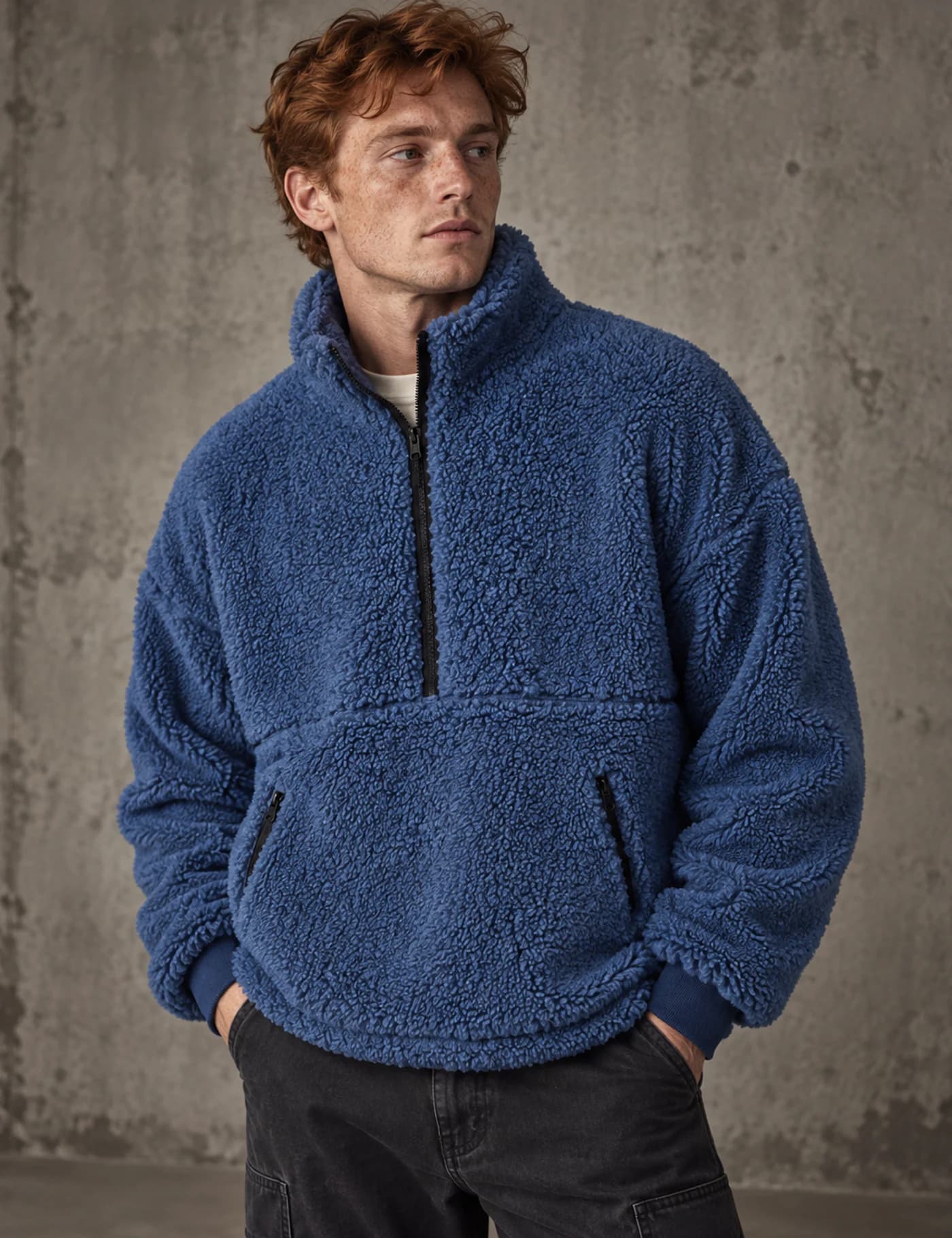 Male model wearing a blue high-pile sherpa fleece half-zip jacket