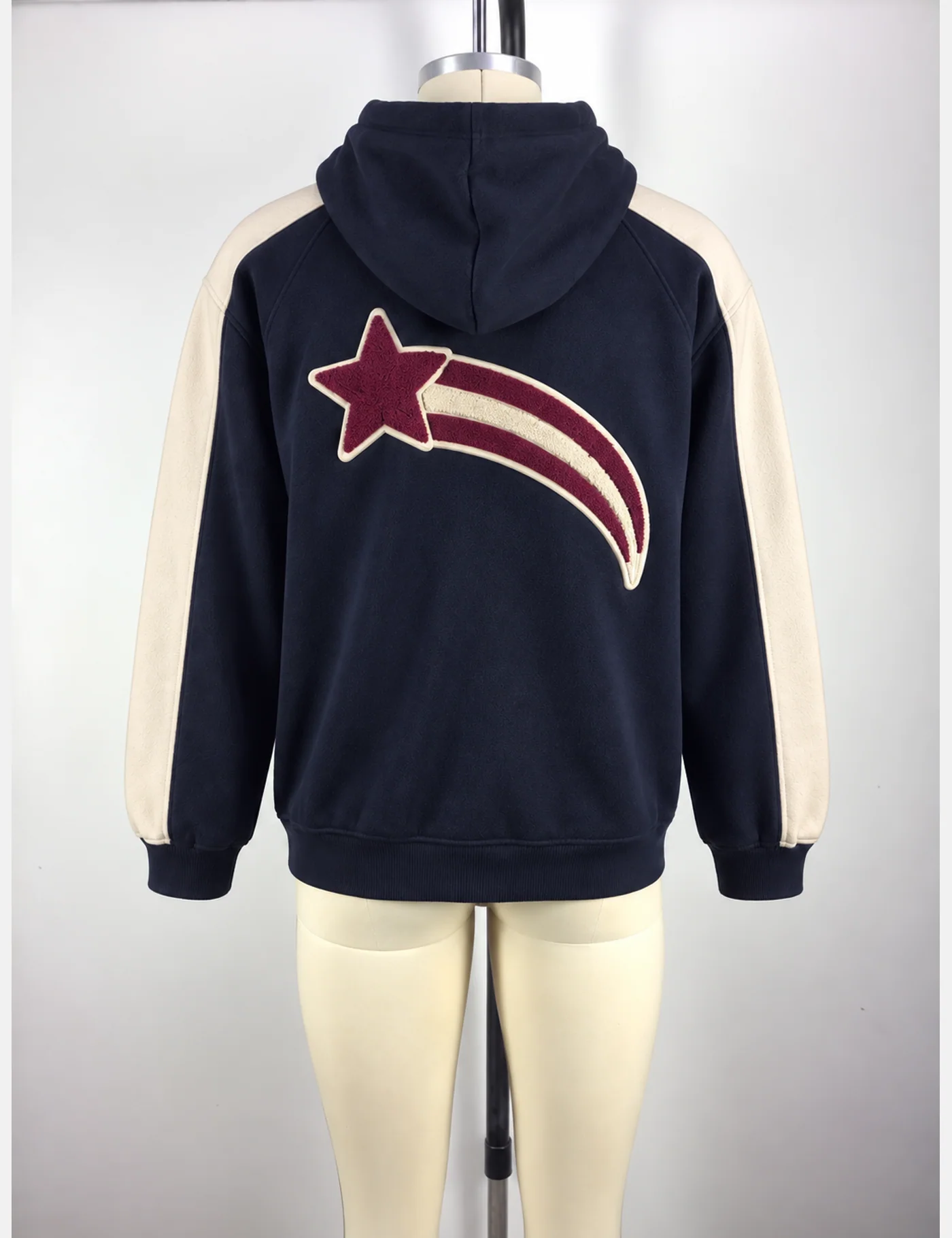 Actual chenille shooting-star zip hoodie sample shown from the back on a mannequin