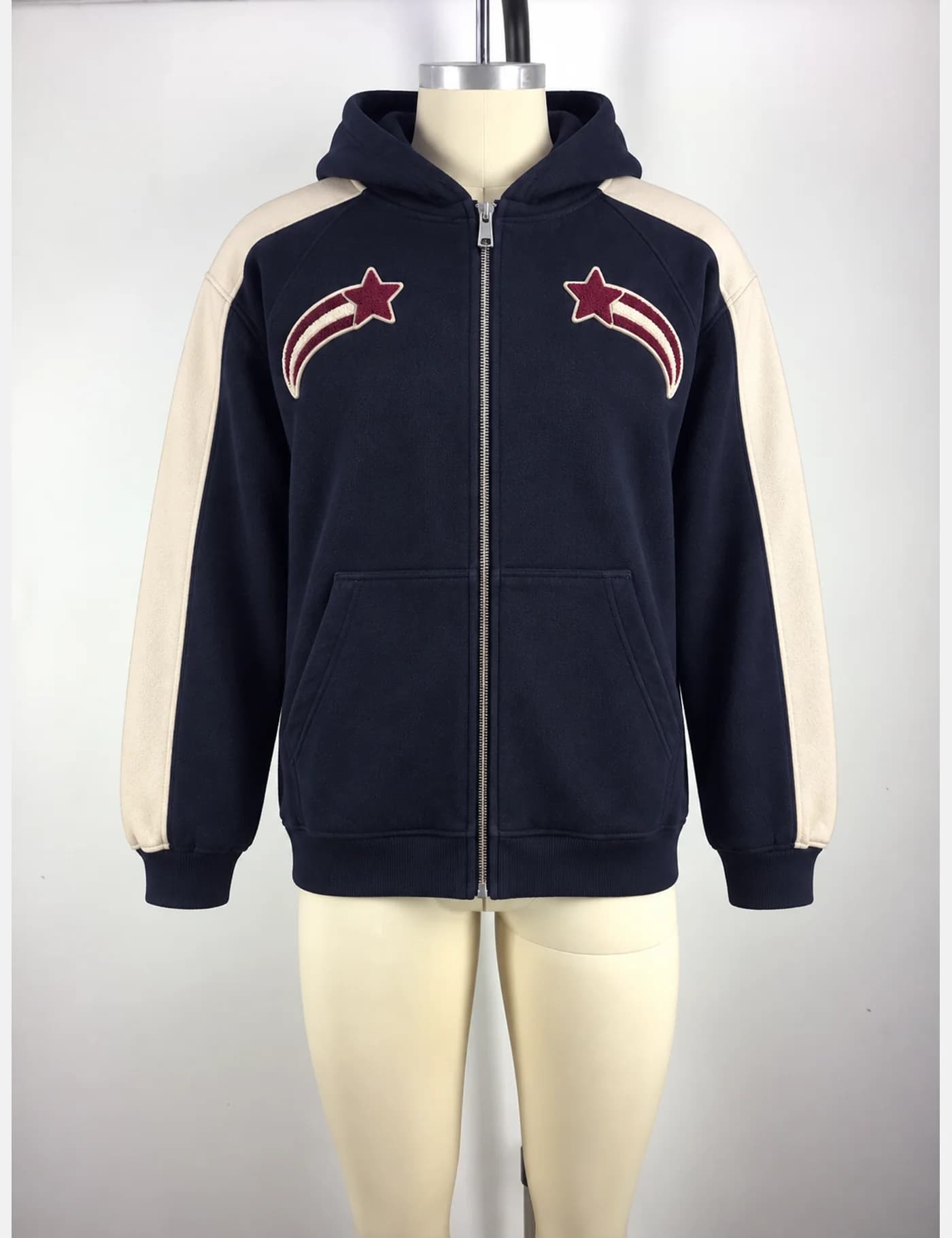 Actual chenille shooting-star zip hoodie sample shown from the front on a mannequin