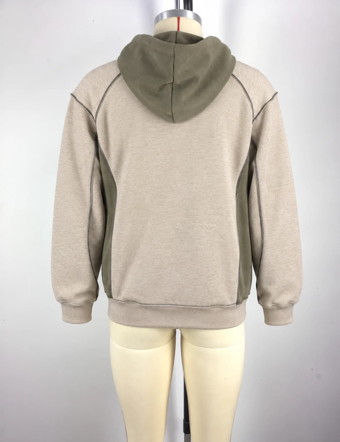 Actual color-block raglan pullover hoodie sample shown from the back on a mannequin
