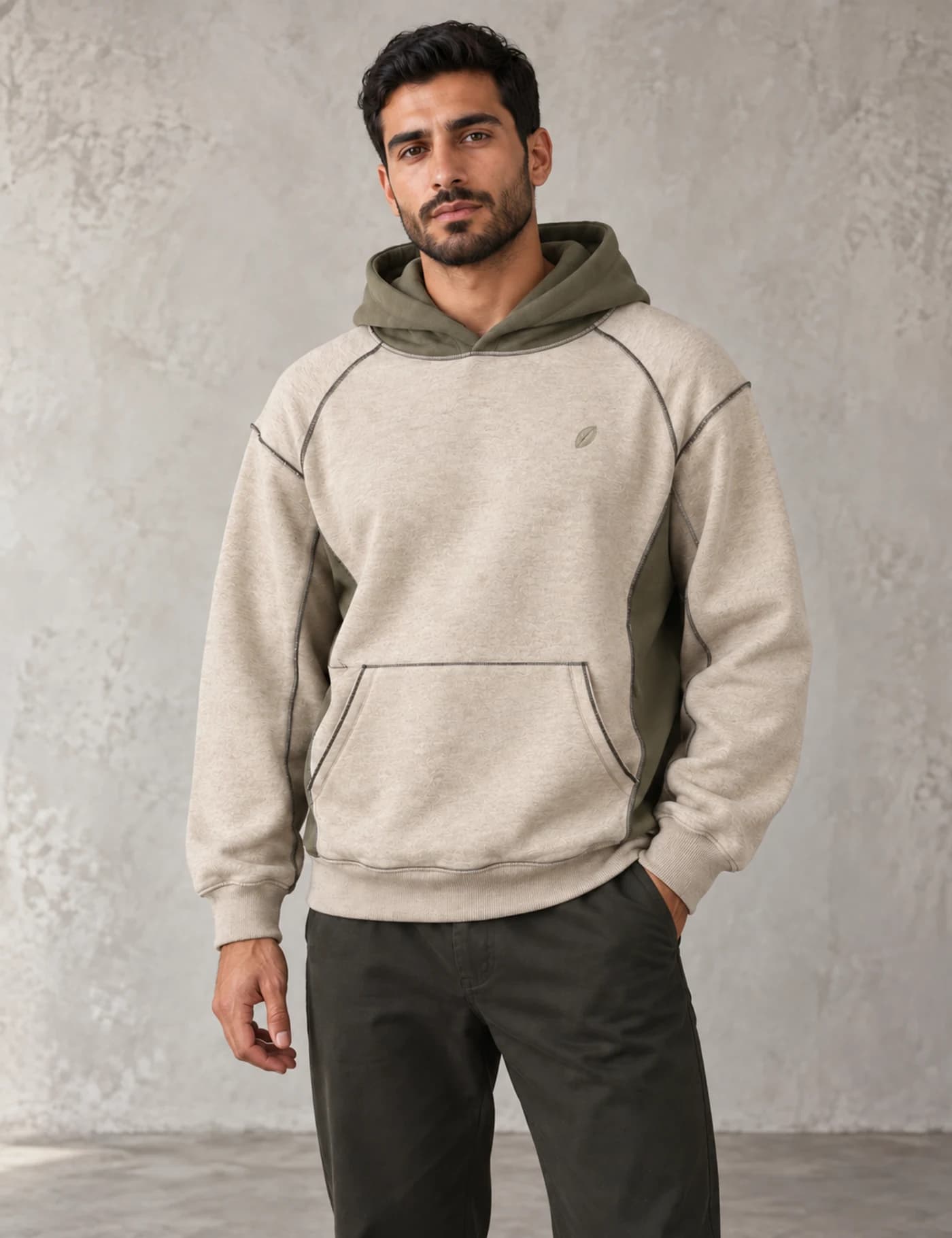 Middle Eastern male model wearing an oatmeal and olive color-block raglan pullover hoodie
