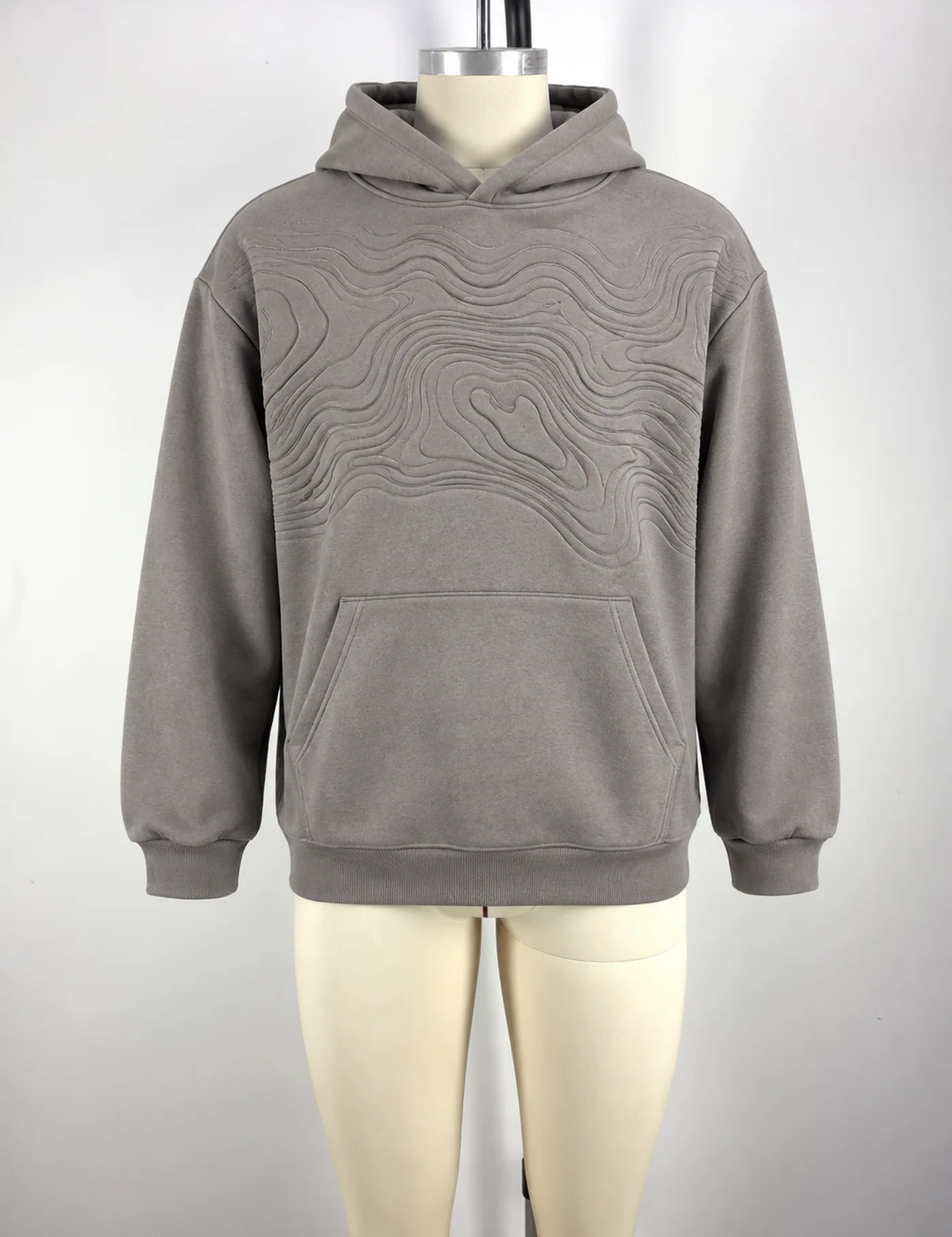 Actual contour-quilted pullover hoodie sample shown from the front on a mannequin