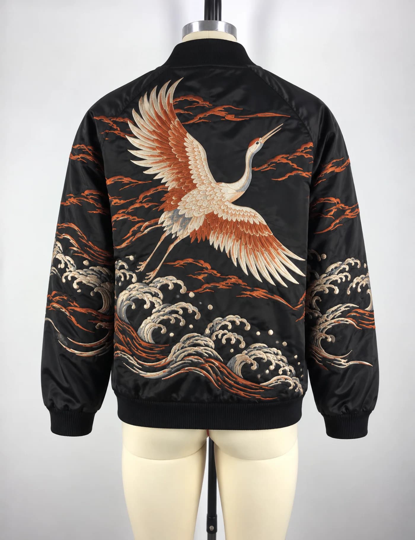 Actual embroidered souvenir jacket sample shown from the back on a mannequin