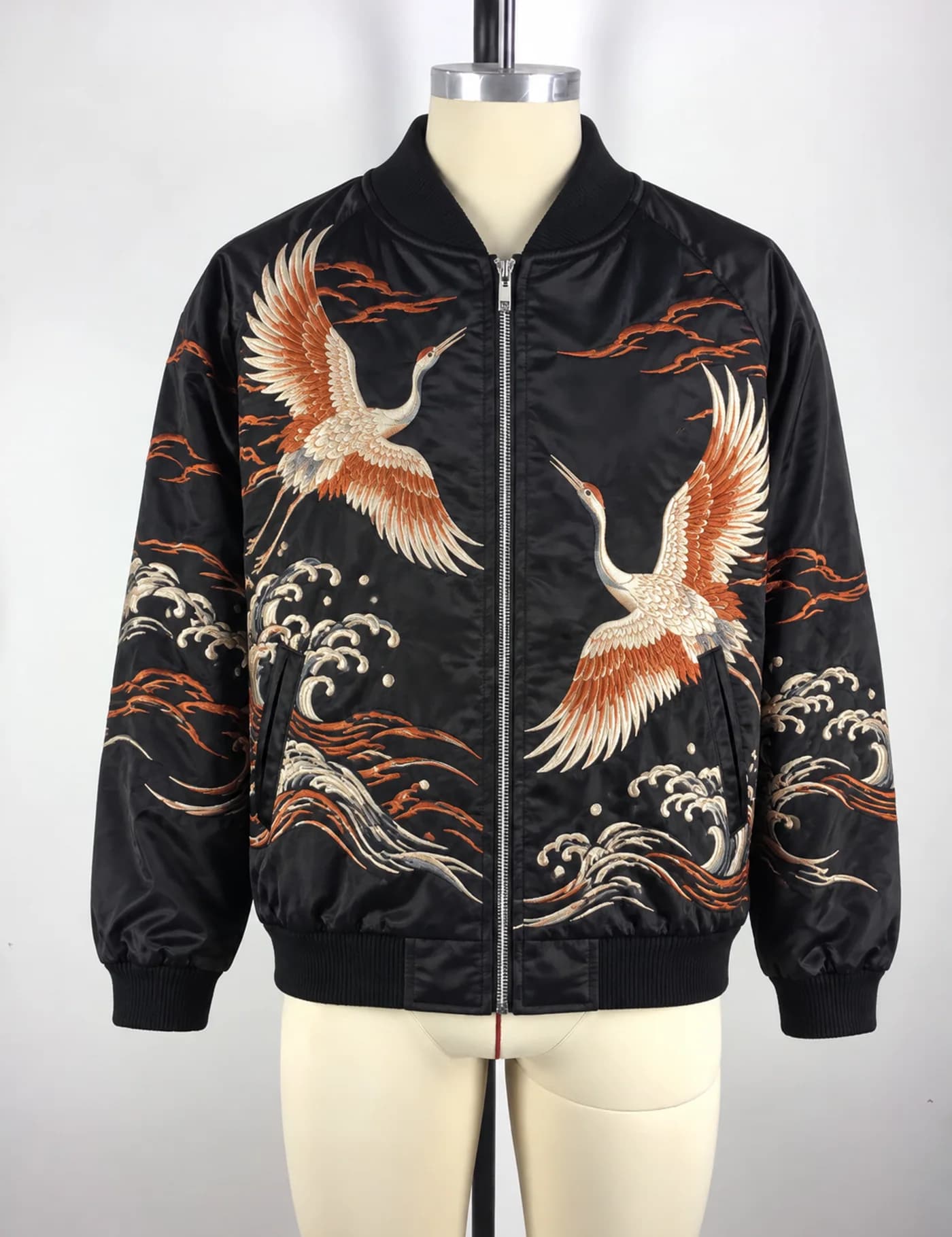 Actual embroidered souvenir jacket sample shown from the front on a mannequin