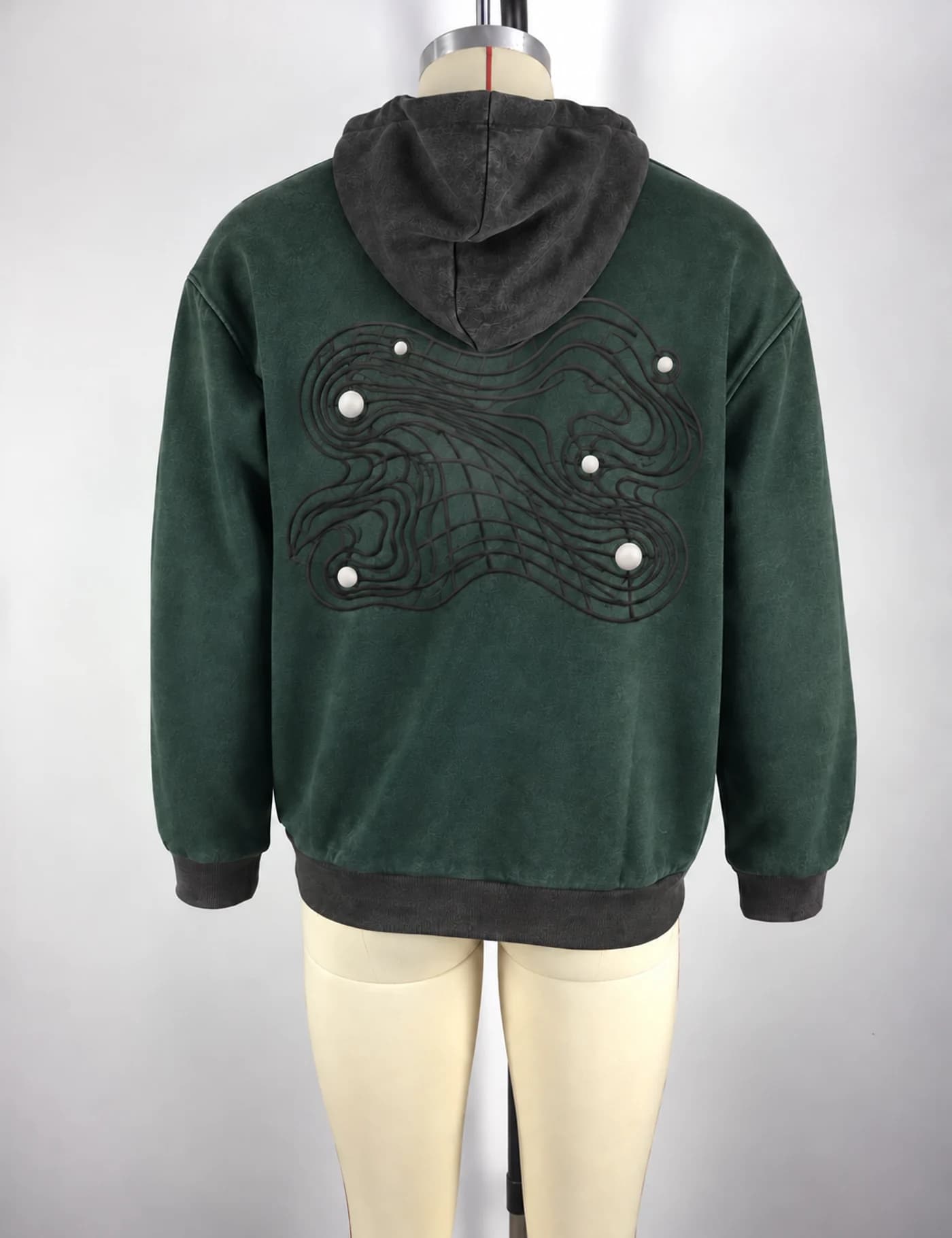 Actual hooded quarter-zip sweatshirt sample shown from the back on a mannequin