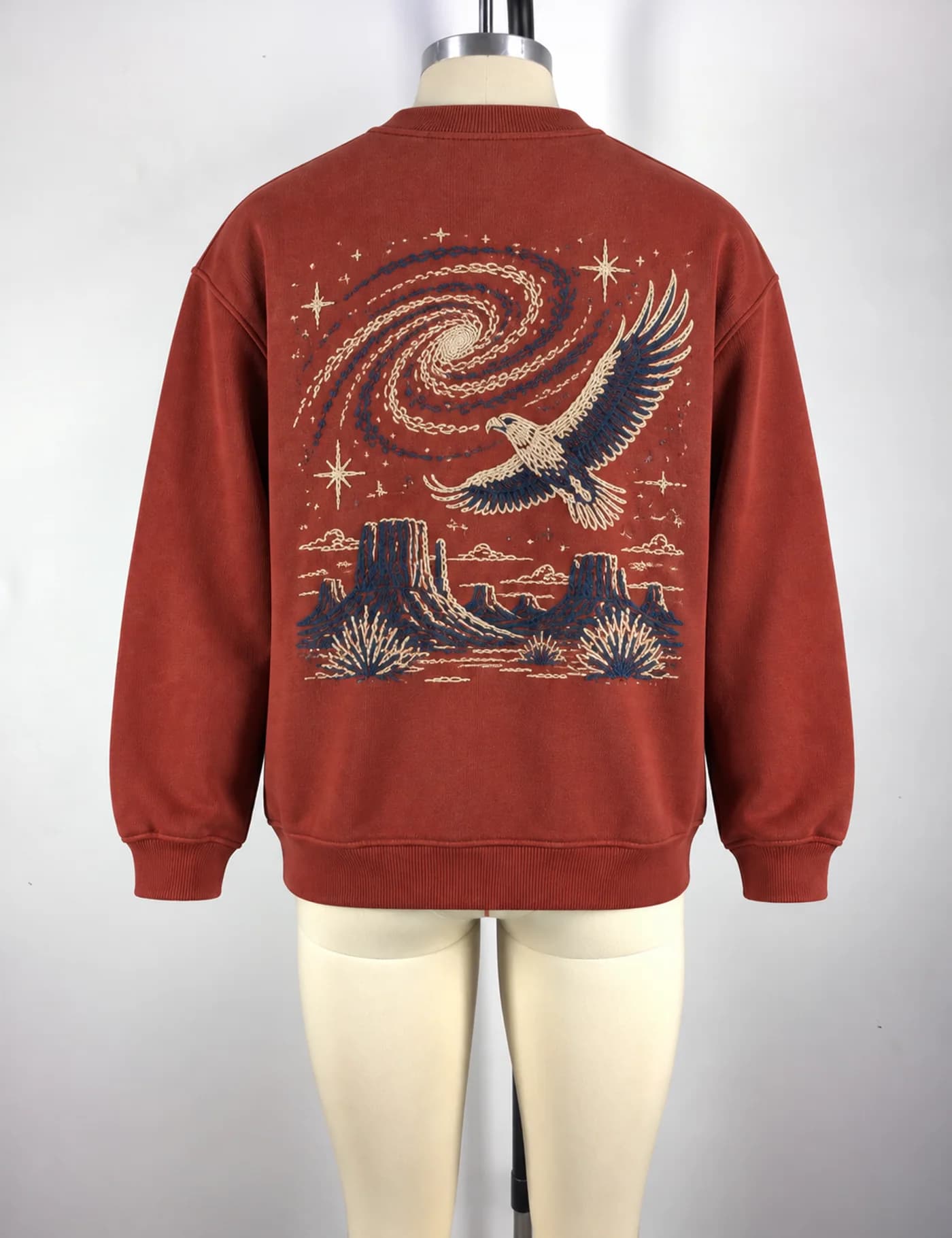 Actual large embroidery crewneck sweatshirt sample shown from the back on a mannequin