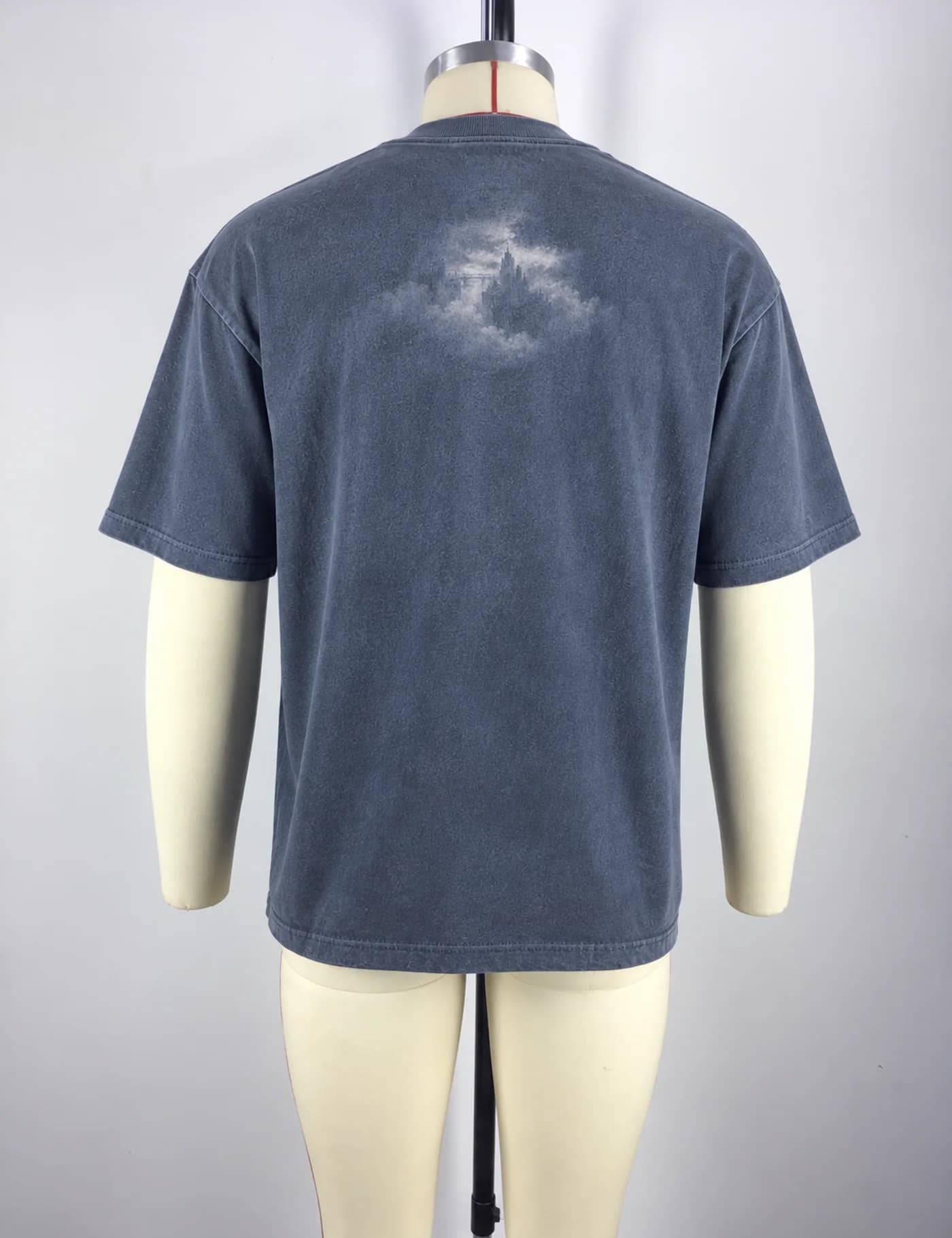 Actual photographic graphic t-shirt sample shown from the back on a mannequin