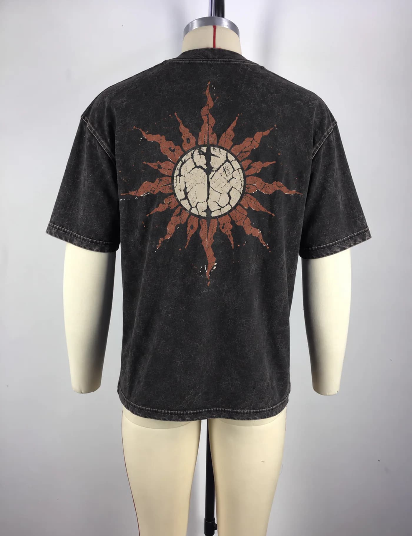Actual vintage cracked print t-shirt sample shown from the back on a mannequin