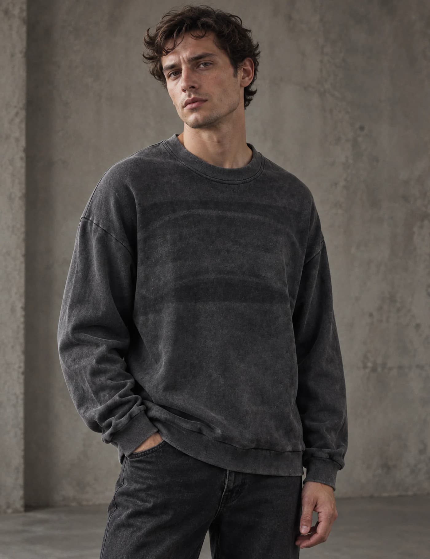 AI-styled male model wearing a charcoal washed oversized crewneck sweatshirt based on a KAOUYOU sample