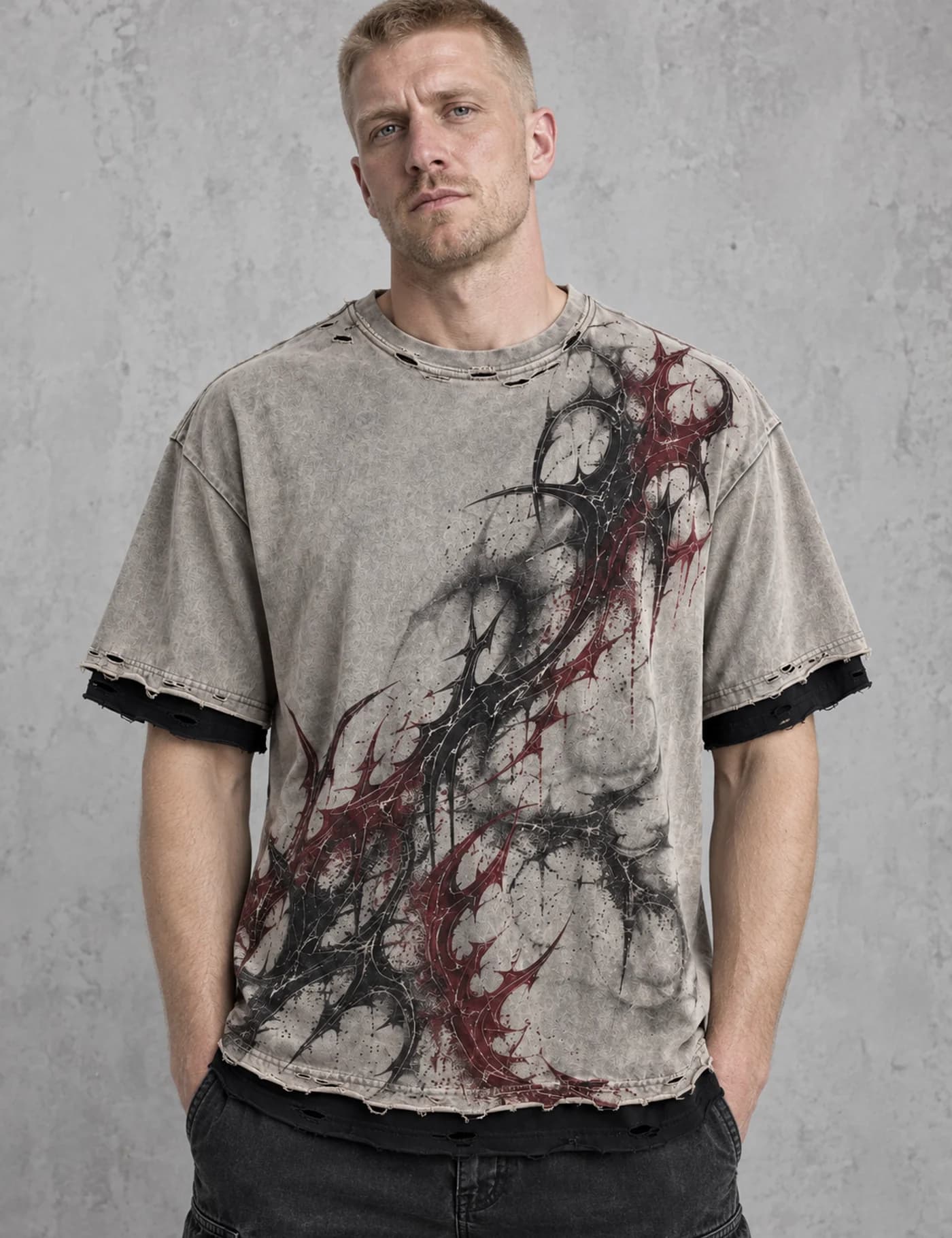 Blond male model wearing a washed gray distressed layered graphic T-shirt