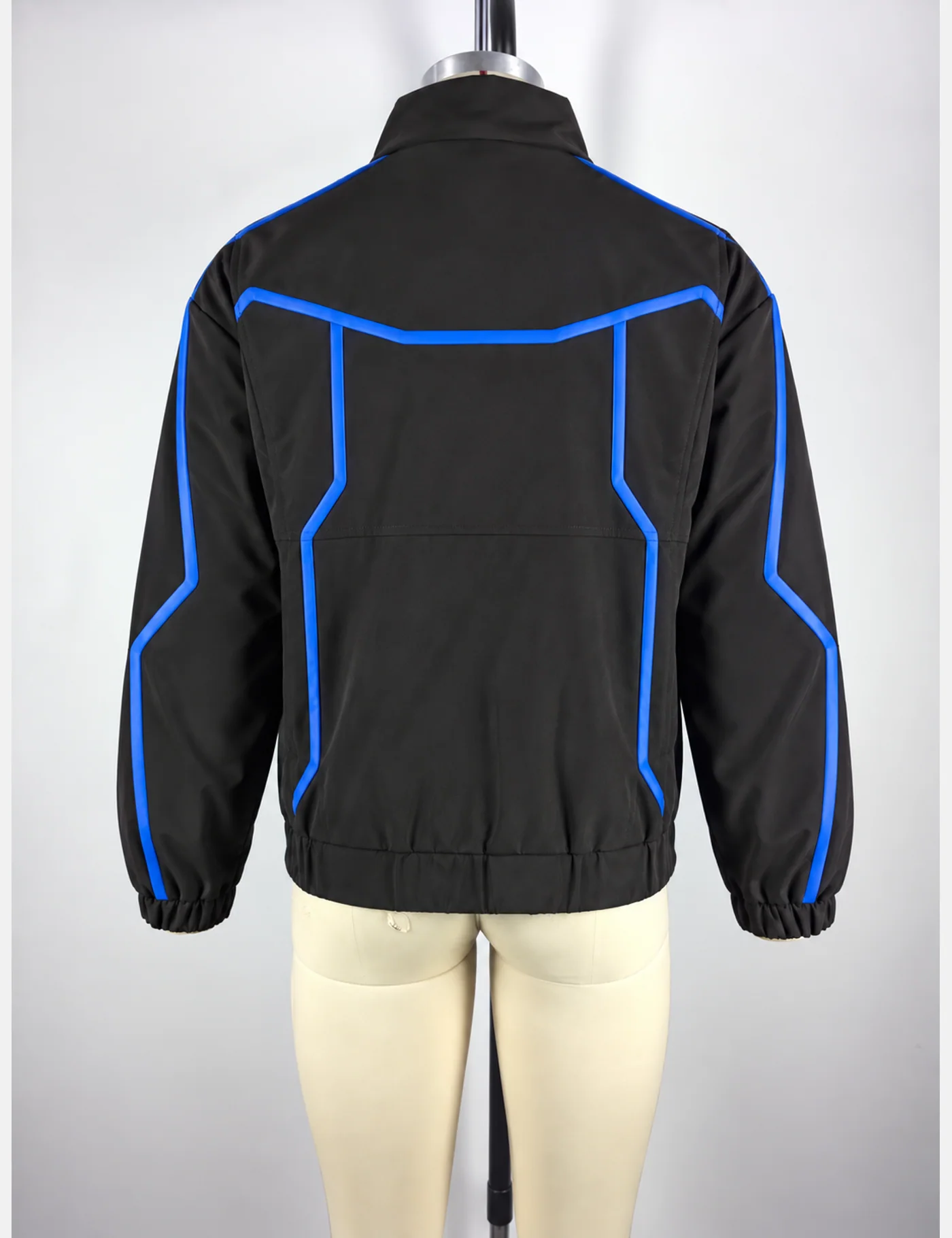 Actual electric-blue piping technical track jacket sample shown from the back on a mannequin