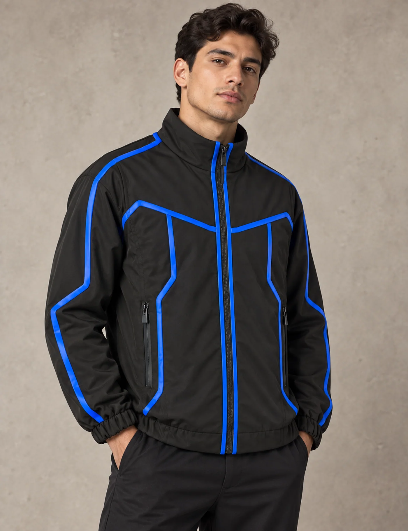 Male model wearing a black technical track jacket with vivid electric-blue piping