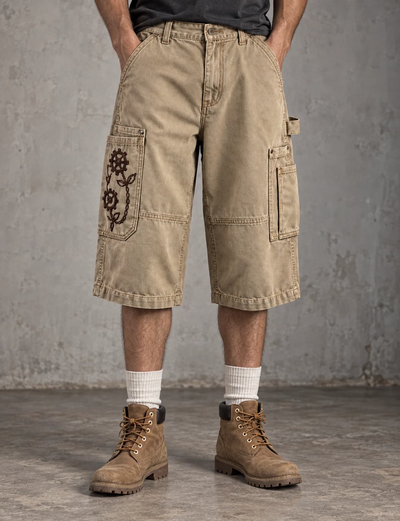 Male model wearing sand khaki cargo shorts with dark ornamental embroidery