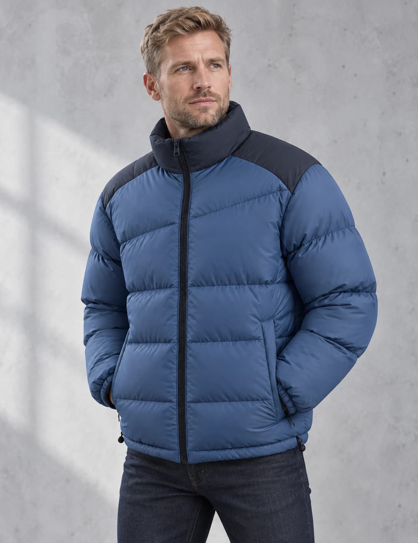 Blond male model wearing a blue lightweight puffer jacket with a dark contrast shoulder yoke
