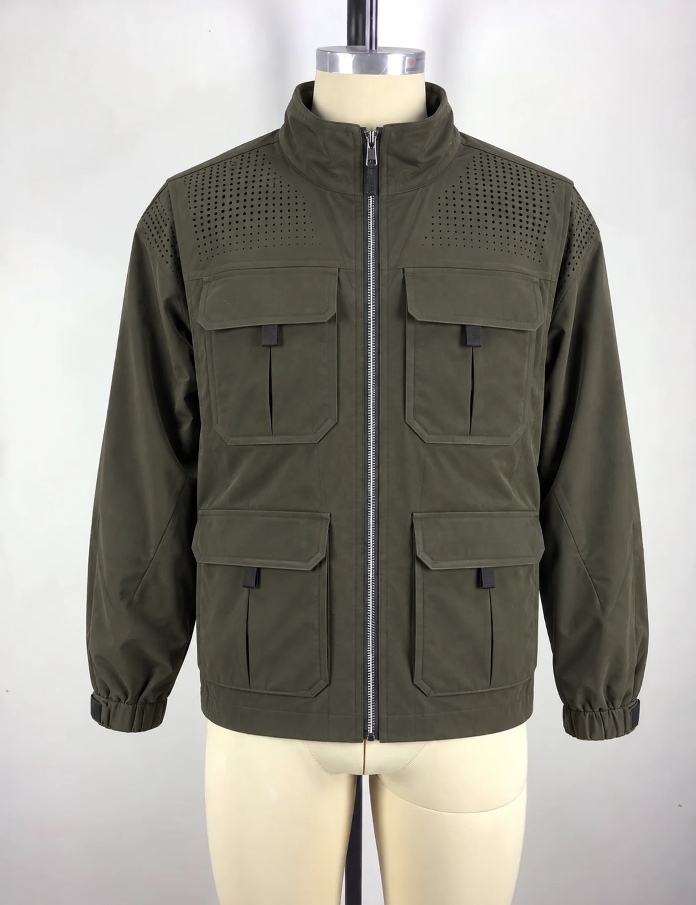 Actual multi-pocket stand-collar utility jacket sample shown from the front on a mannequin