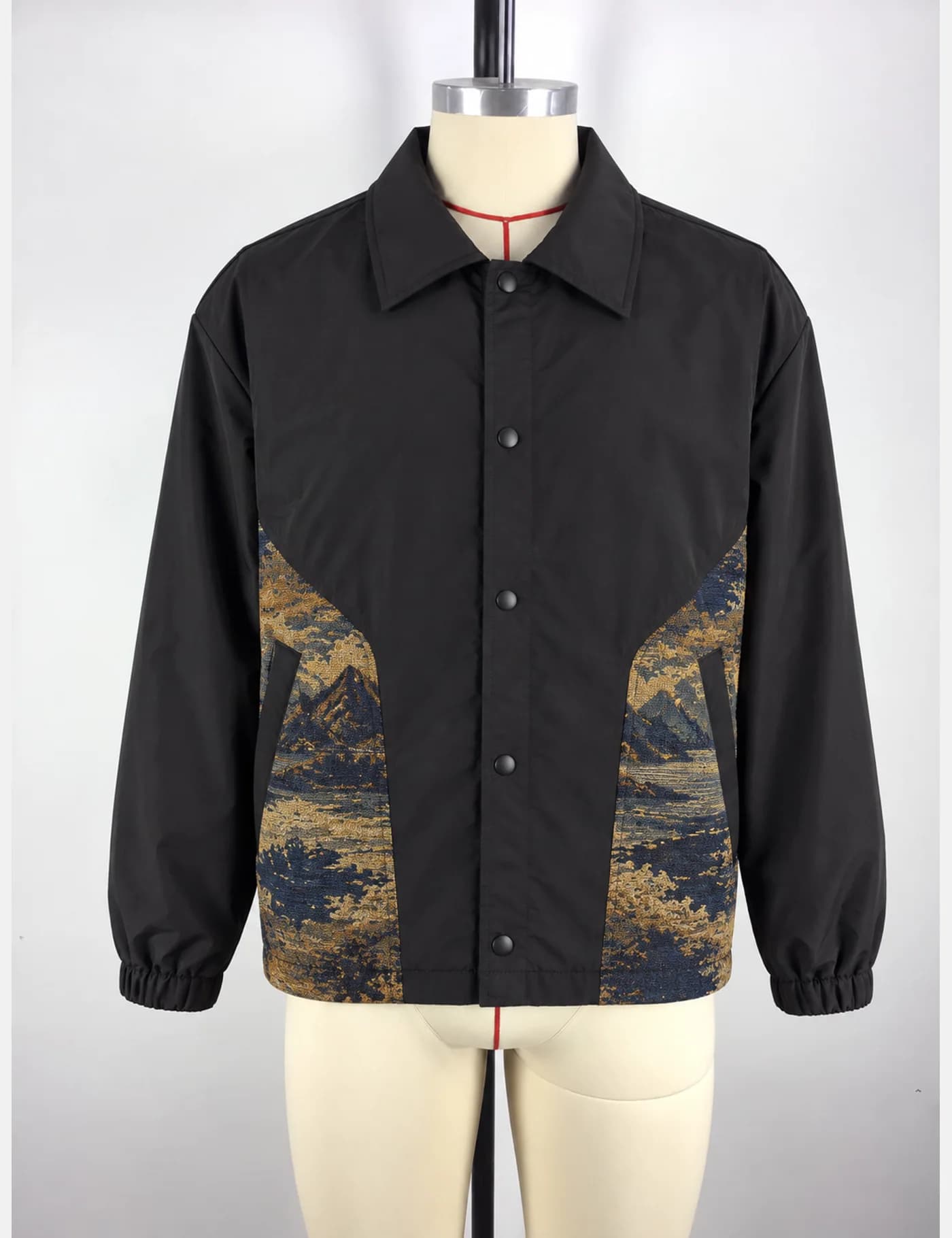 Actual tapestry landscape-panel coach jacket sample shown from the front on a mannequin
