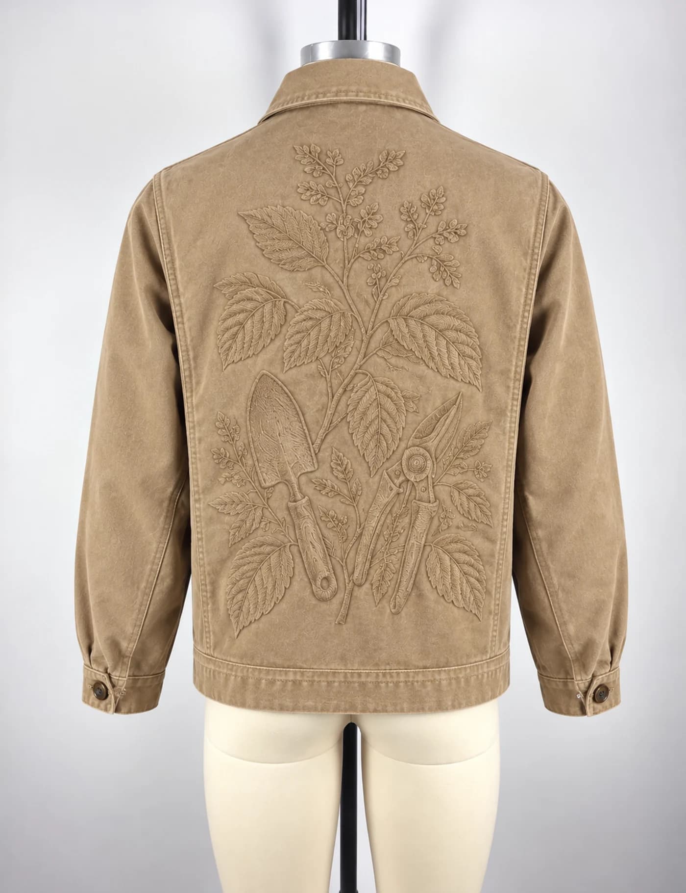 Actual tonal embroidery chore jacket sample shown from the back on a mannequin
