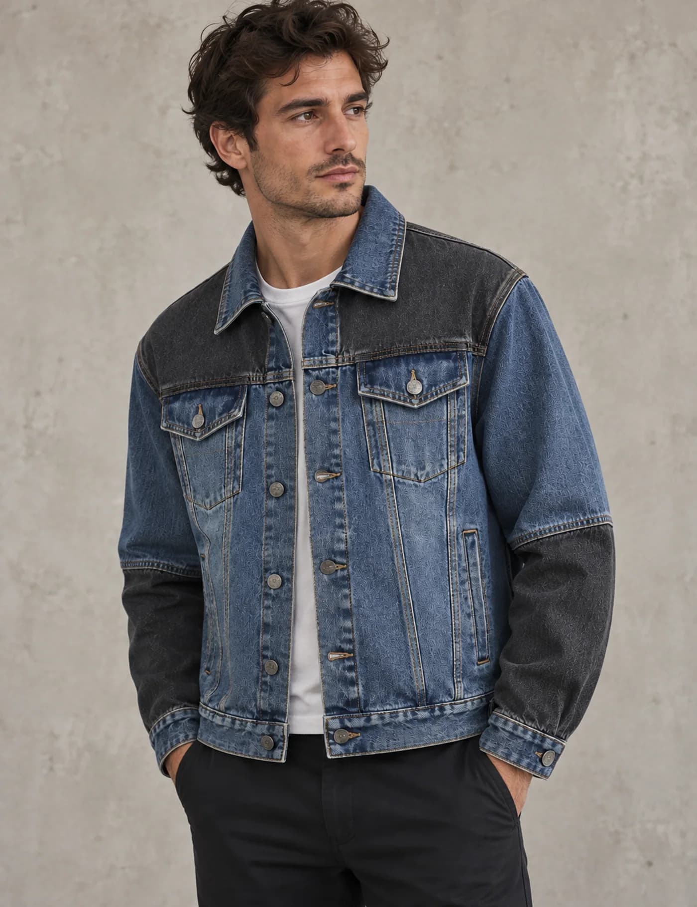Mediterranean male model wearing a blue denim trucker jacket with charcoal yoke and lower sleeves