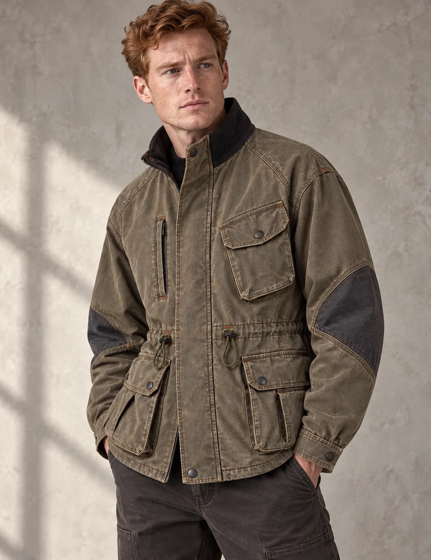 Red-haired male model wearing a washed olive-brown multi-pocket field jacket