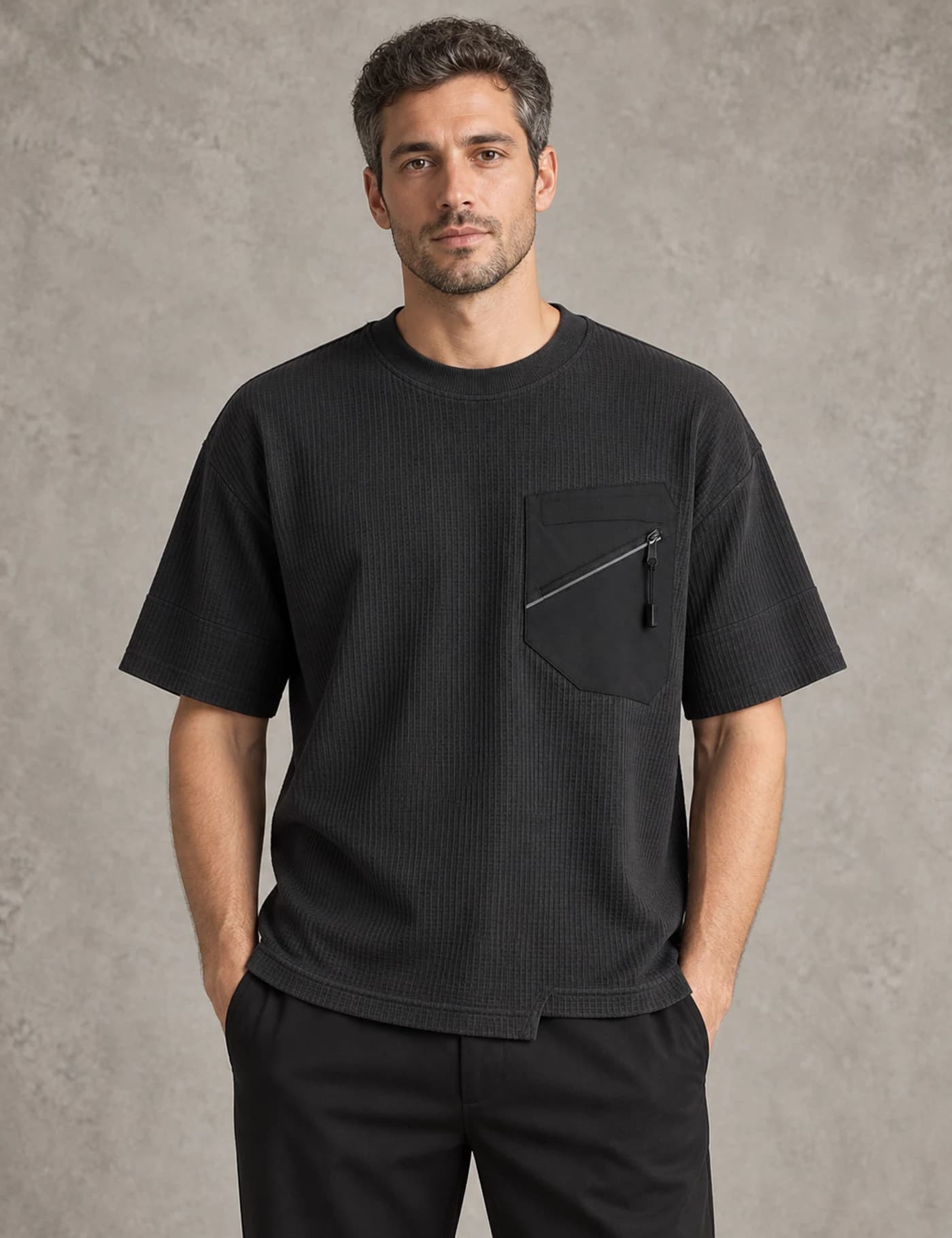 Southern European male model wearing a black textured T-shirt with a diagonal zip chest pocket
