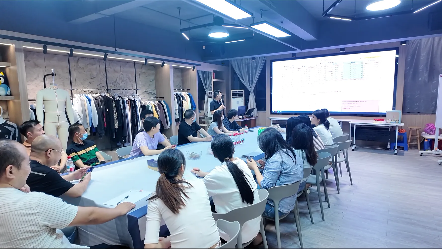 KAOUYOU team meeting reviewing garment production and quality information