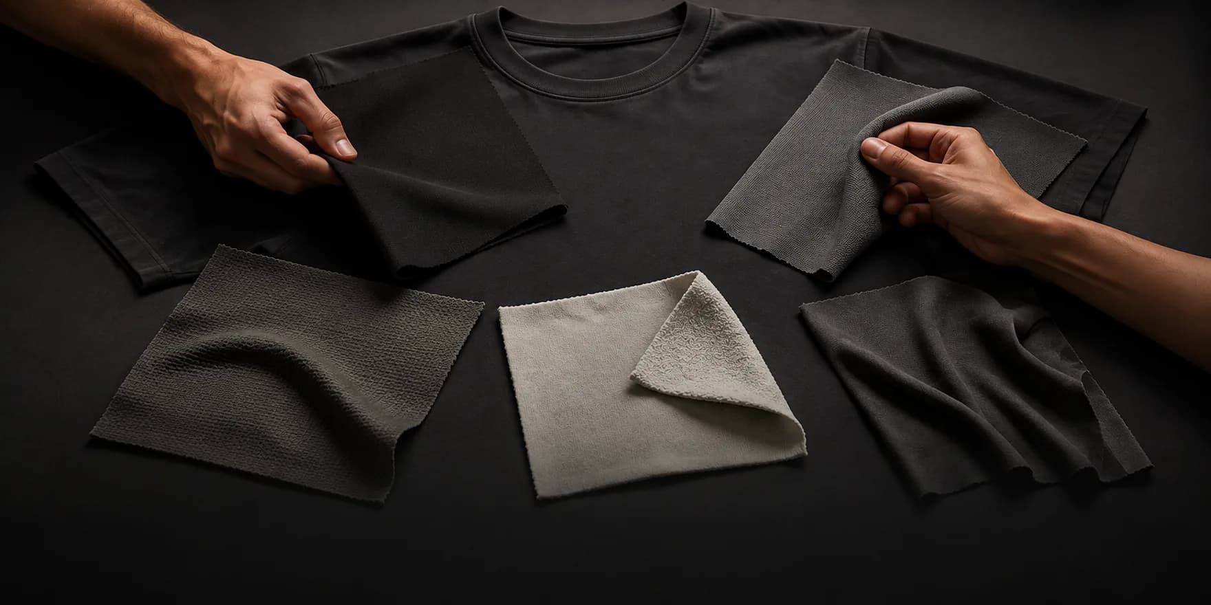 Physical fabric samples being compared with a custom menswear T-shirt before sampling