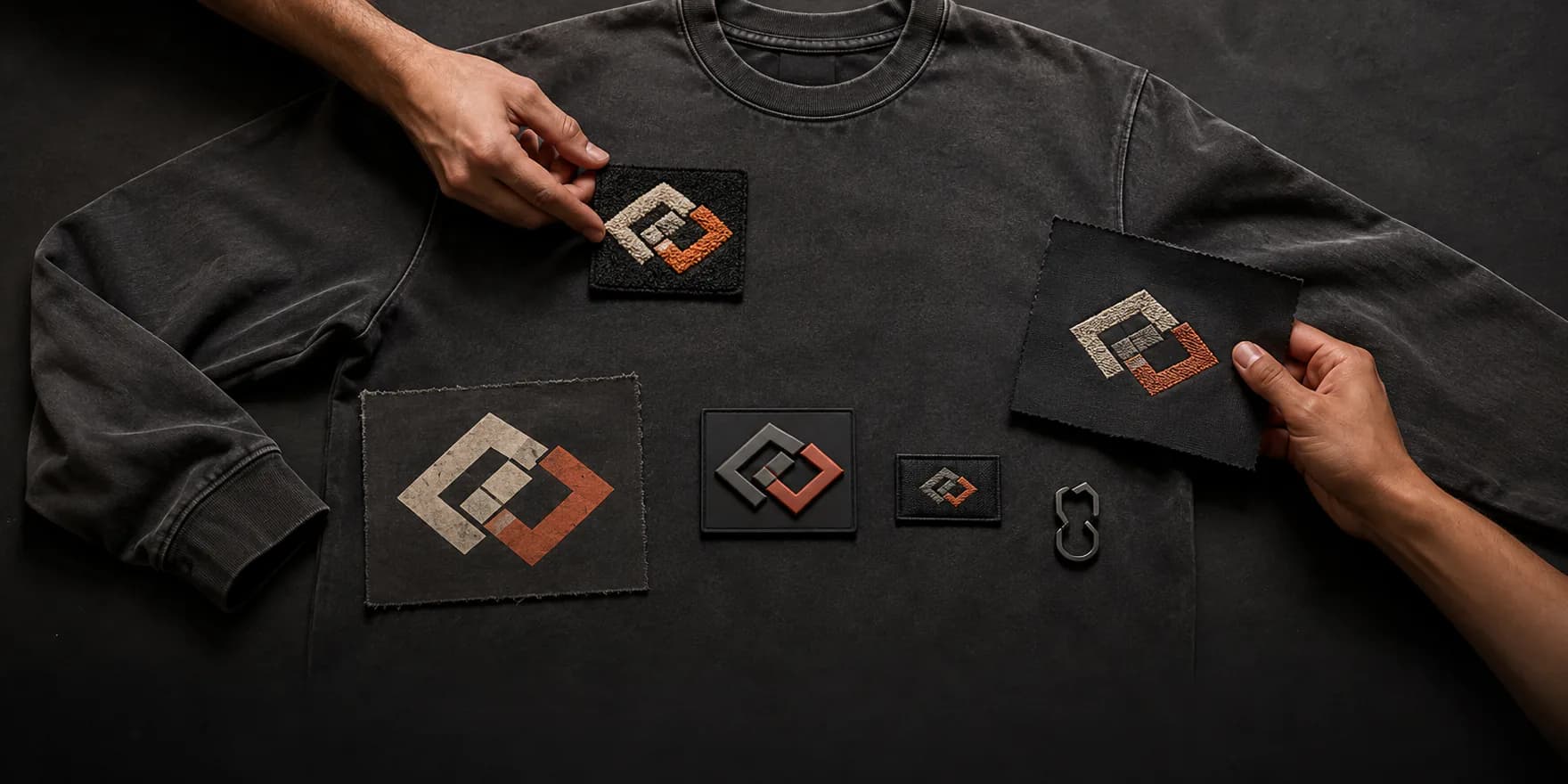 Print, embroidery, patch and branded hardware samples being compared on a menswear garment