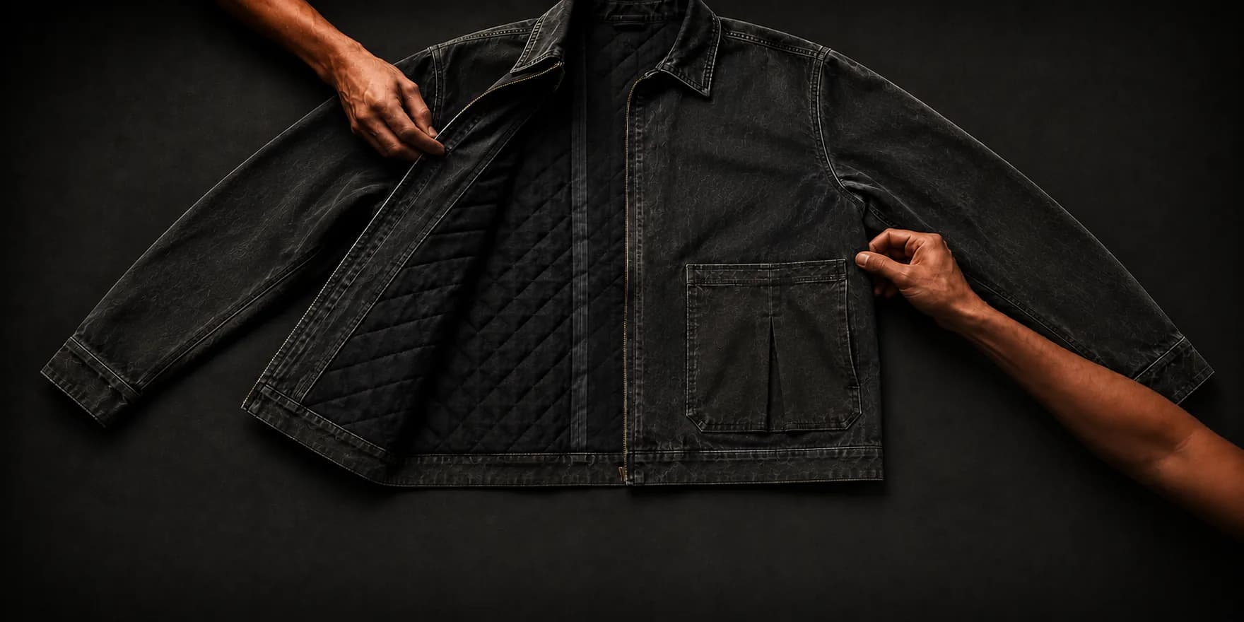 A washed menswear jacket being reviewed for construction, lining and finishing techniques