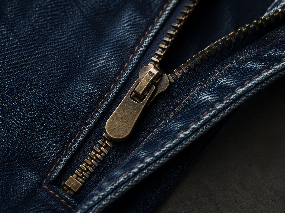 Zipper hardware and branding detail