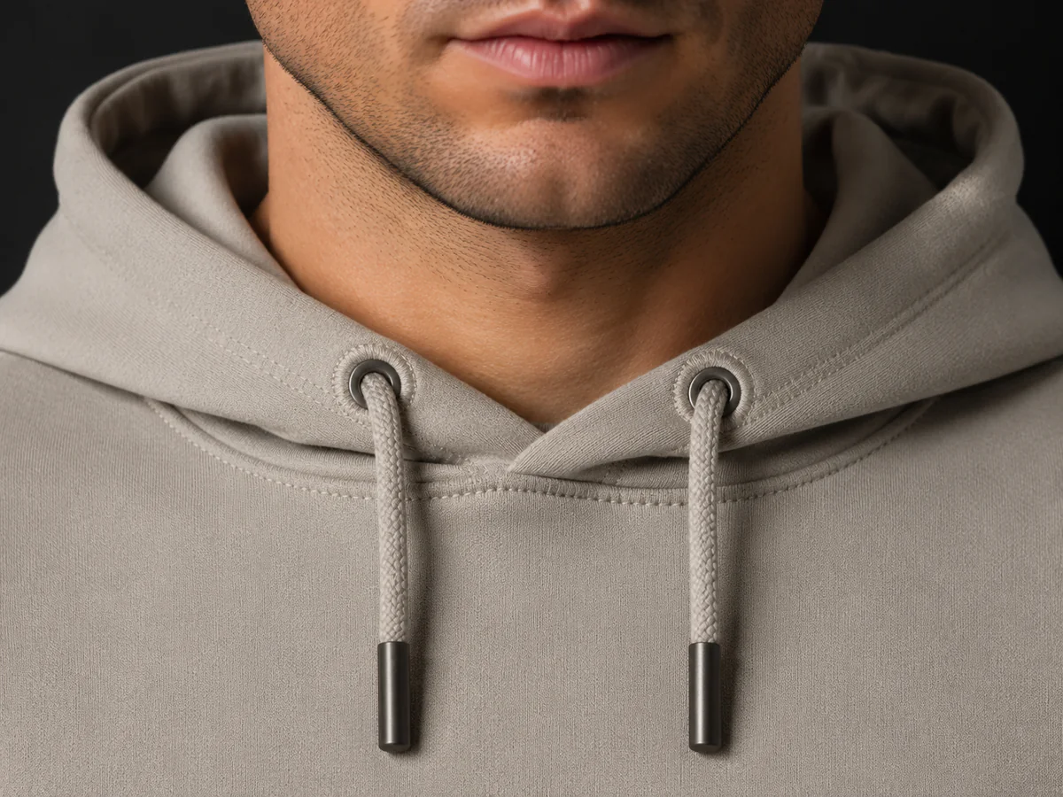 Eyelets, Cord Ends & Neck Connection hoodie construction detail