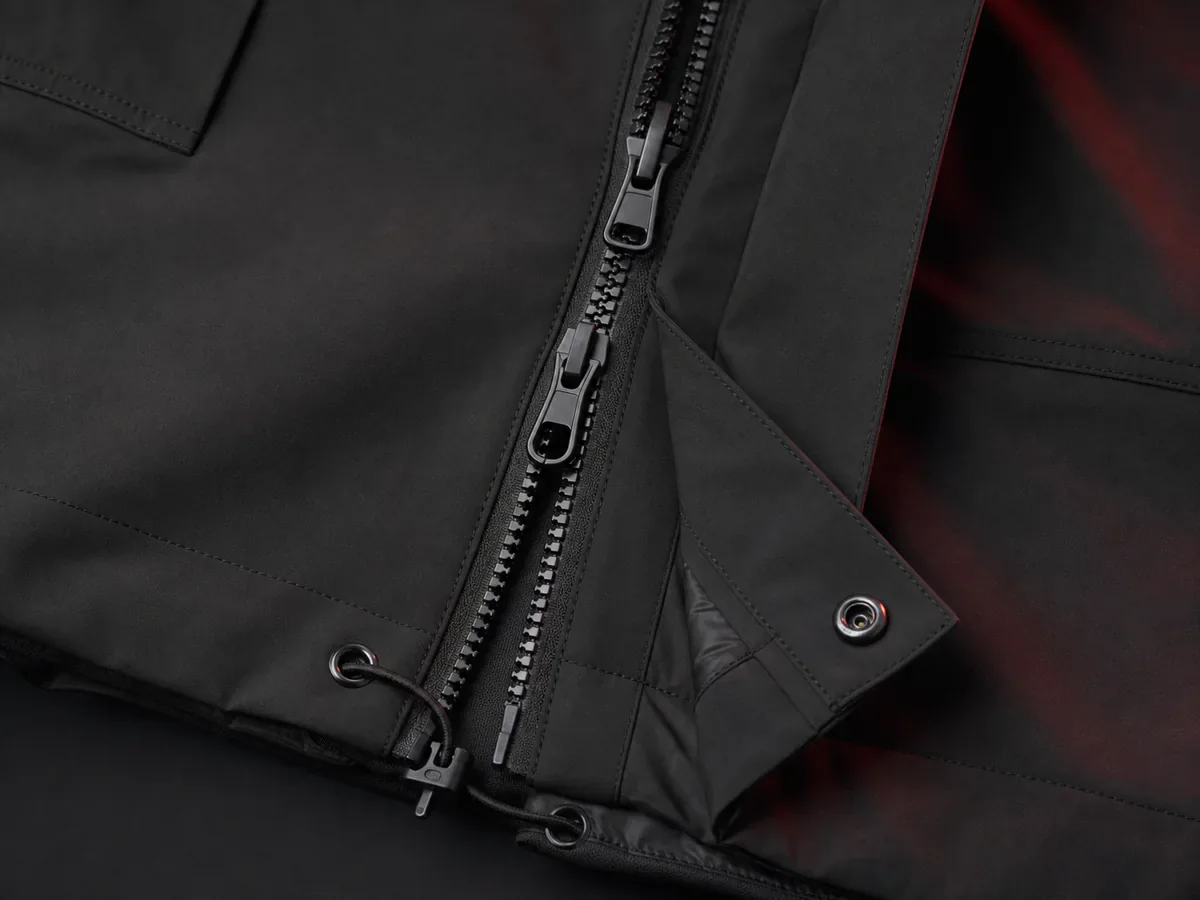 Outerwear zipper snap and closure hardware detail