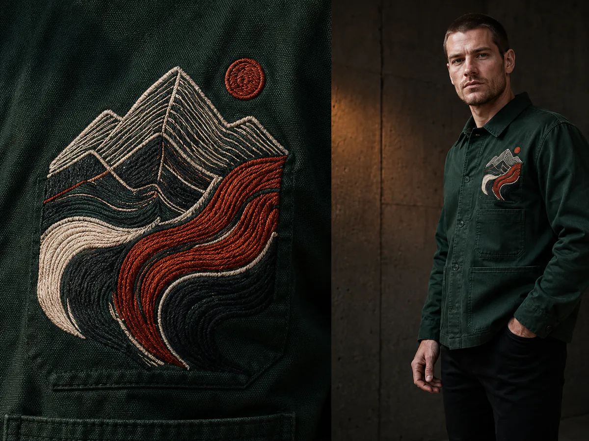 Embroidery applied to custom outerwear