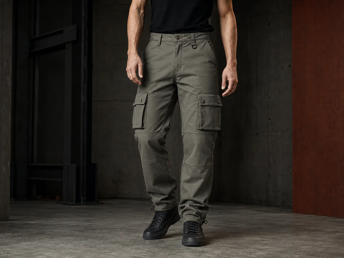 Streetwear cargo pants with three-dimensional pockets and hardware details