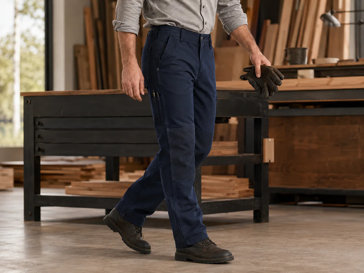 Workwear utility pants with reinforced construction and tool pockets