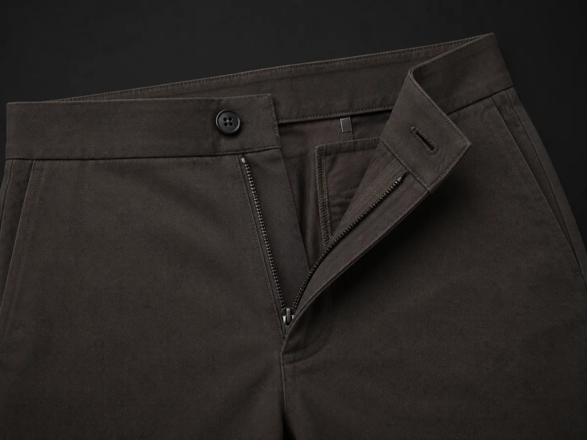 Button & Zipper Fly pants waistband construction detail