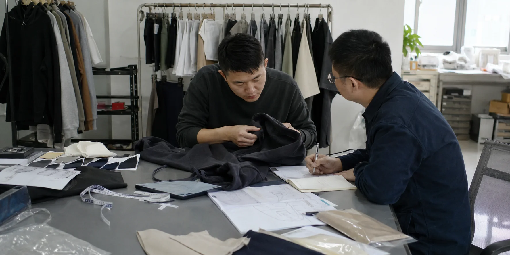Apparel professionals reviewing a garment sample, fabric swatches and technical documents