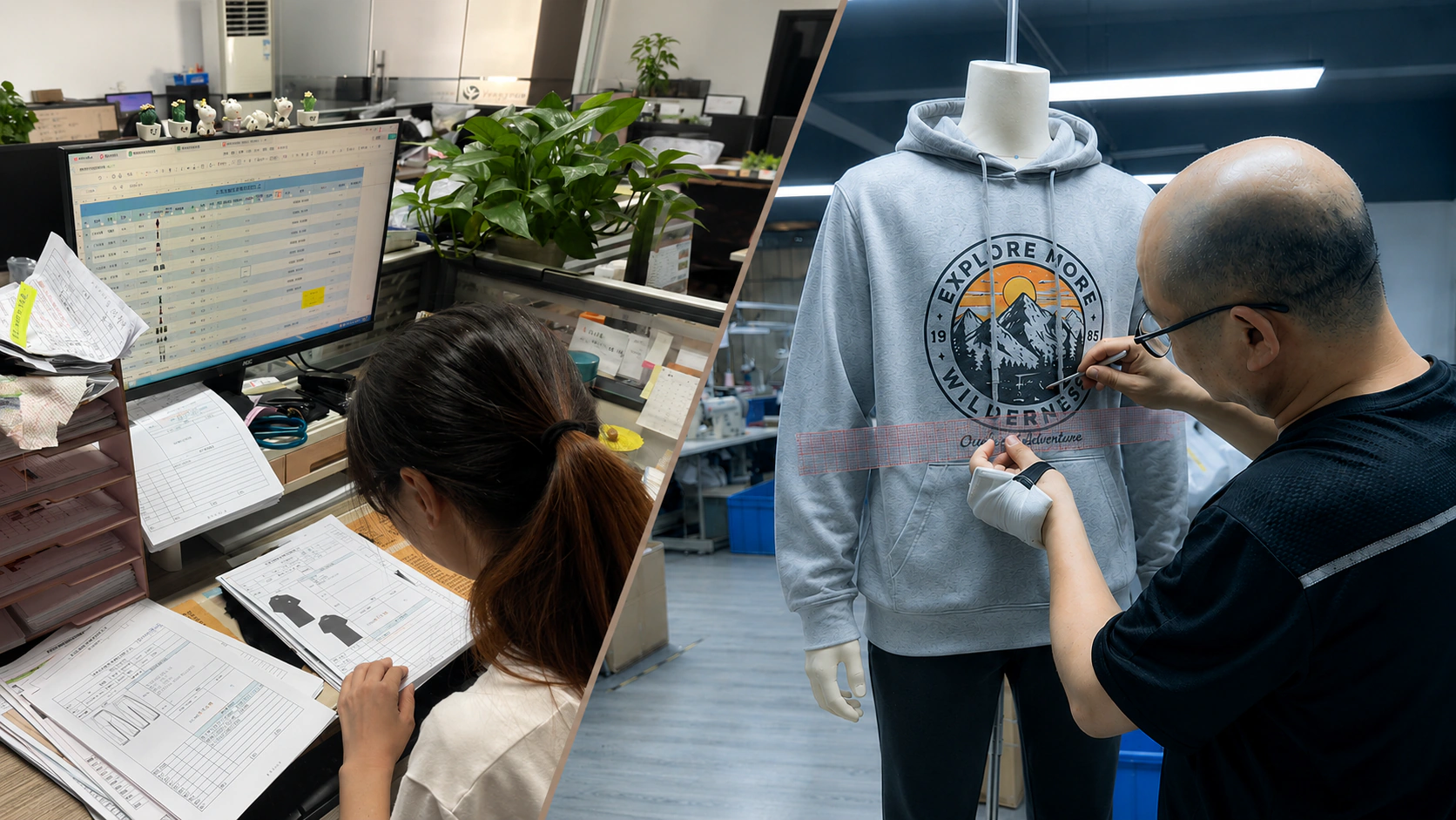 Menswear development team reviewing production documents and garment measurements